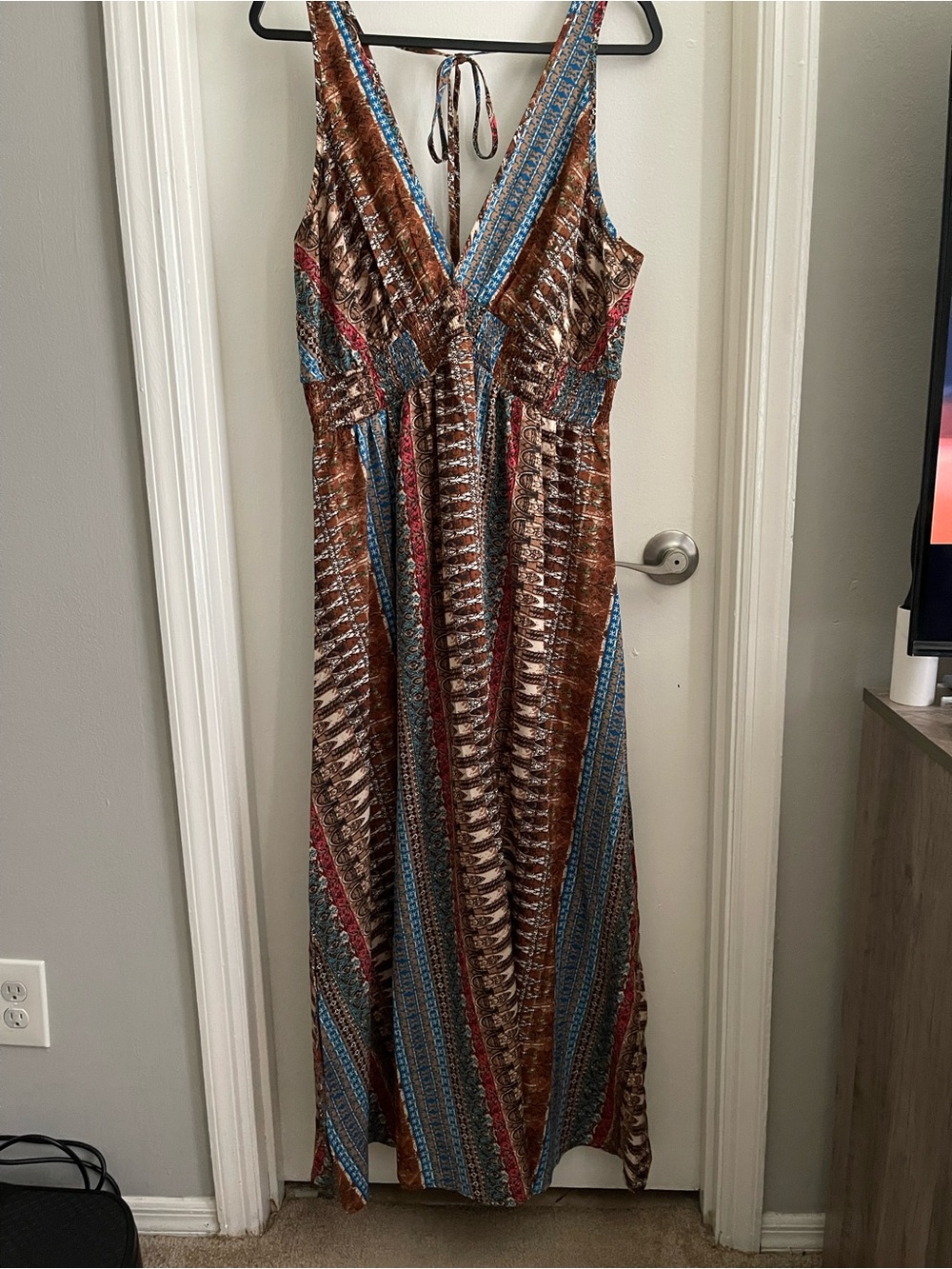 SHEIN V-Neck Boho Maxi Dress in Brown, Blue and Cream